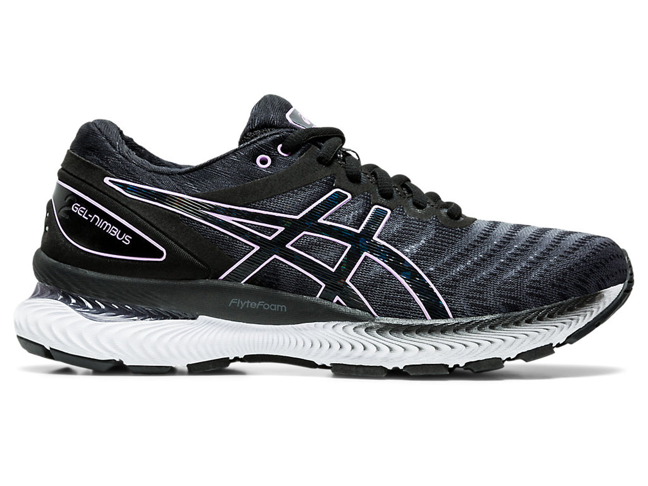 Women's Asics GEL-Nimbus 22 Running Shoe in Black/Lilac Tech from the side