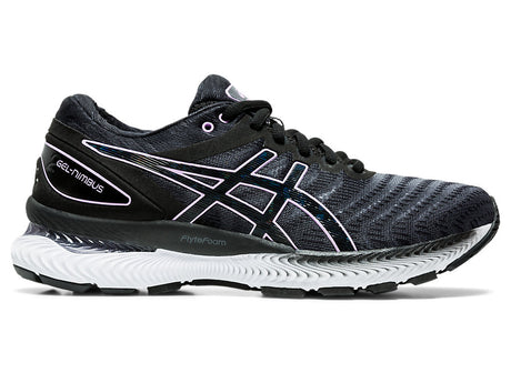 Women's Asics GEL-Nimbus 22 Running Shoe in Black/Lilac Tech from the side