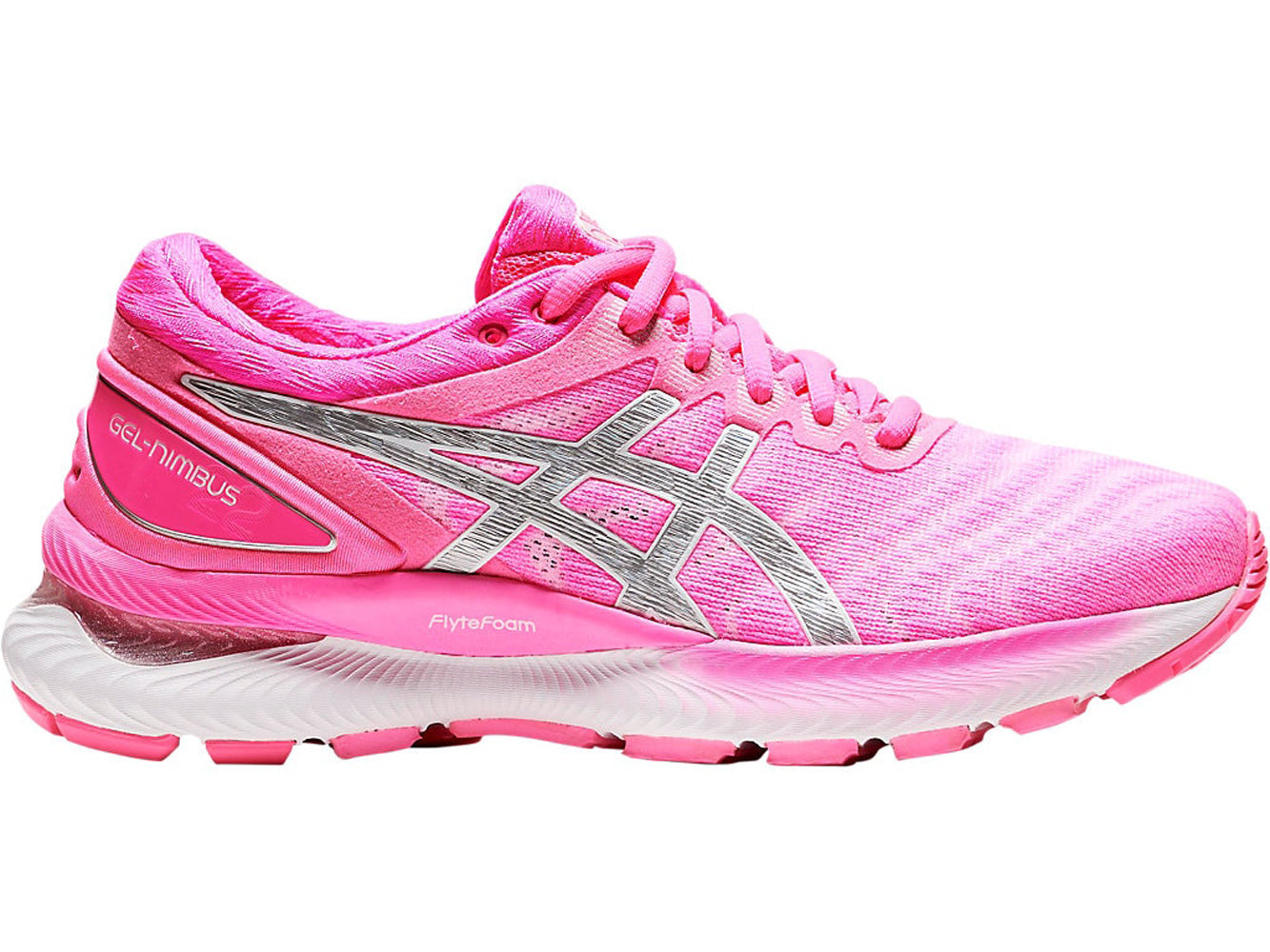 Women's Asics GEL-Nimbus 22 Running Shoe in Hot Pink/Pure Silver from the side