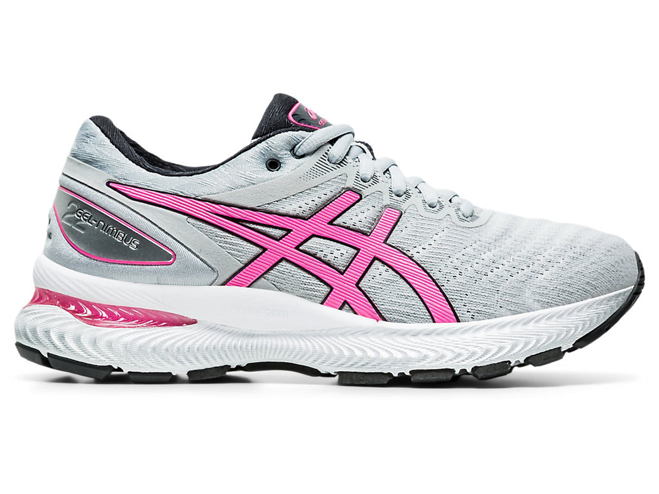 Women's Asics GEL-Nimbus 22 Running Shoe in Piedmont Grey/Hot Pink from the side