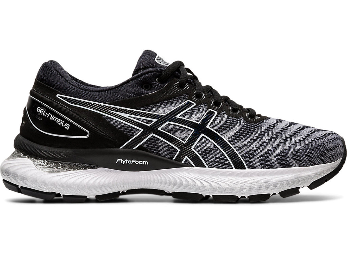 Women's Asics GEL-Nimbus 22 Running Shoe in White/Black from the side