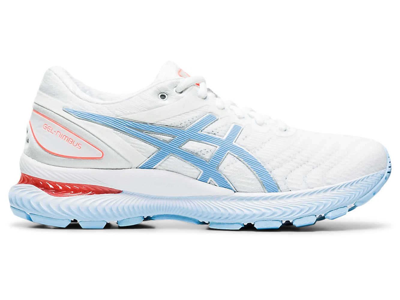 Women's Asics GEL-Nimbus 22 Running Shoe in White/Blue Bliss from the side