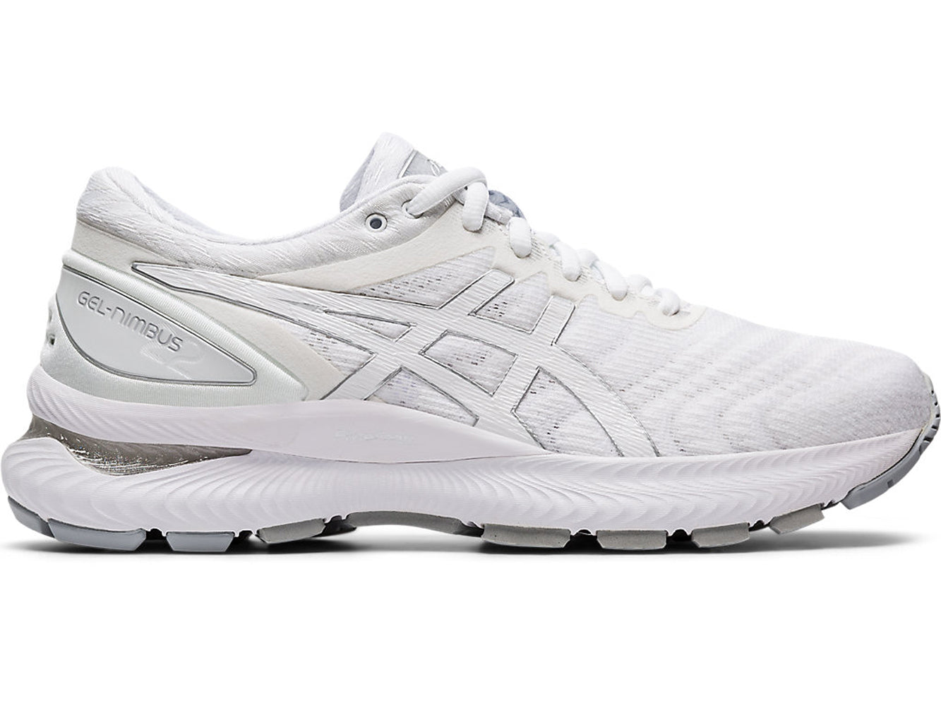 Women's Asics GEL-Nimbus 22 Running Shoe in White/White from the side