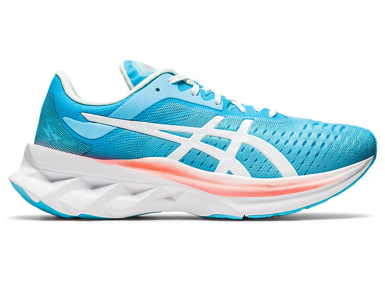 Women's Asics Novablast Running Shoe in Aquarium/White from the side