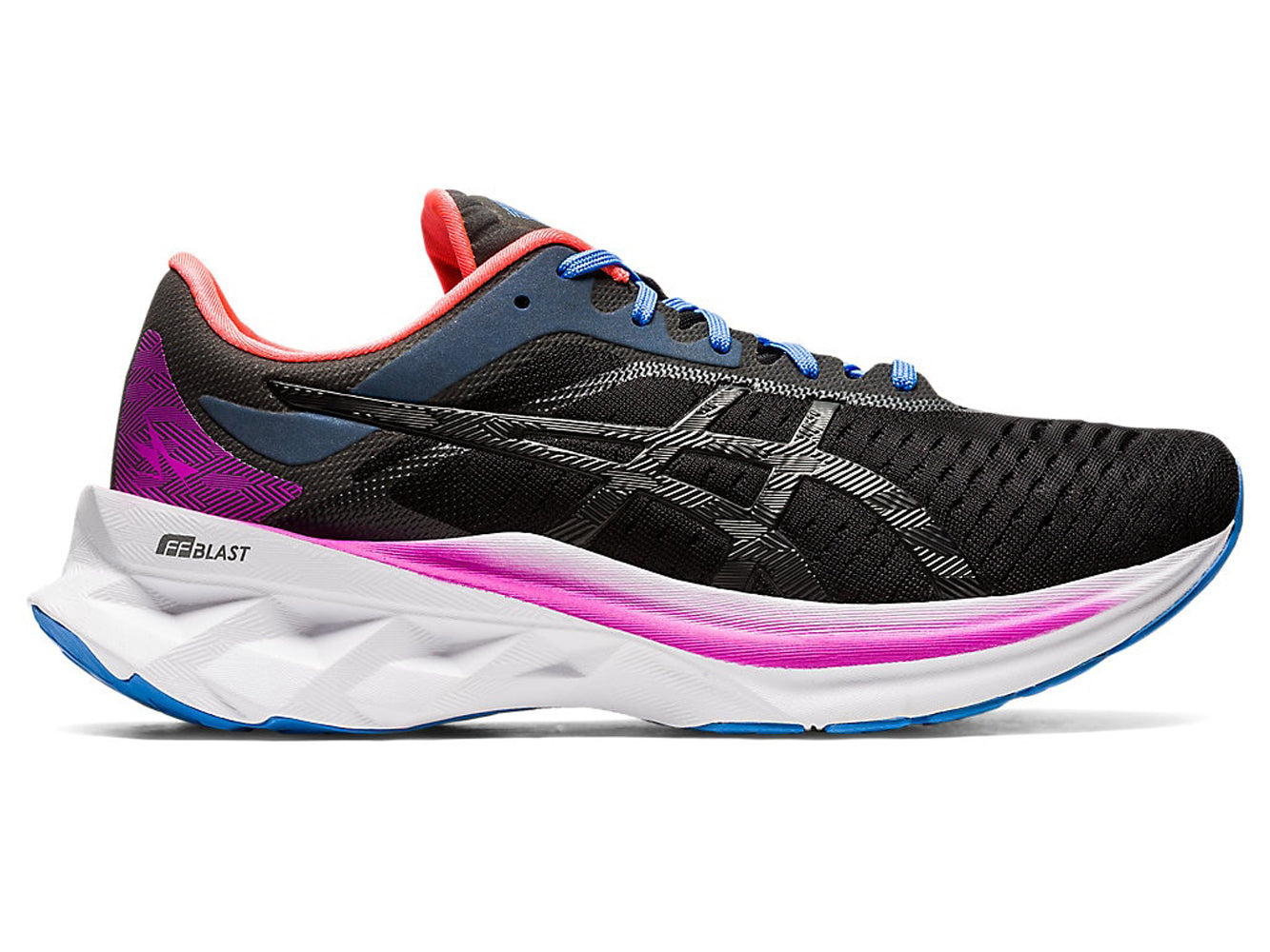 Women's Asics Novablast Running Shoe in Black/Black from the side