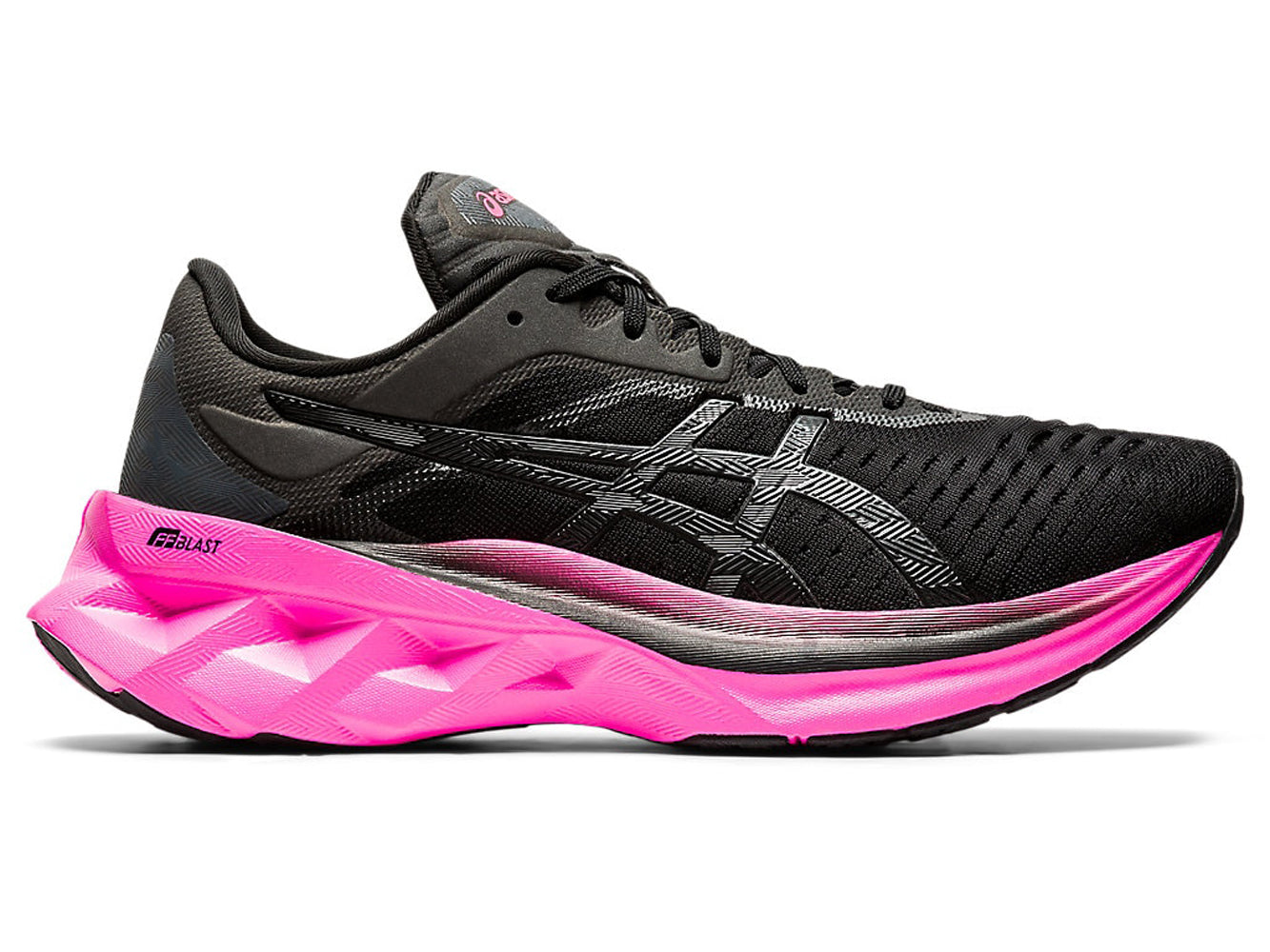 Women's Asics Novablast Running Shoe in Black/Pink Glo from the side