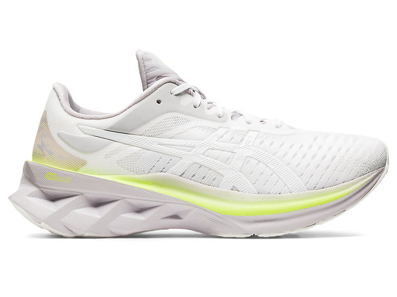 Women's Asics Novablast Running Shoe in White/Haze from the side