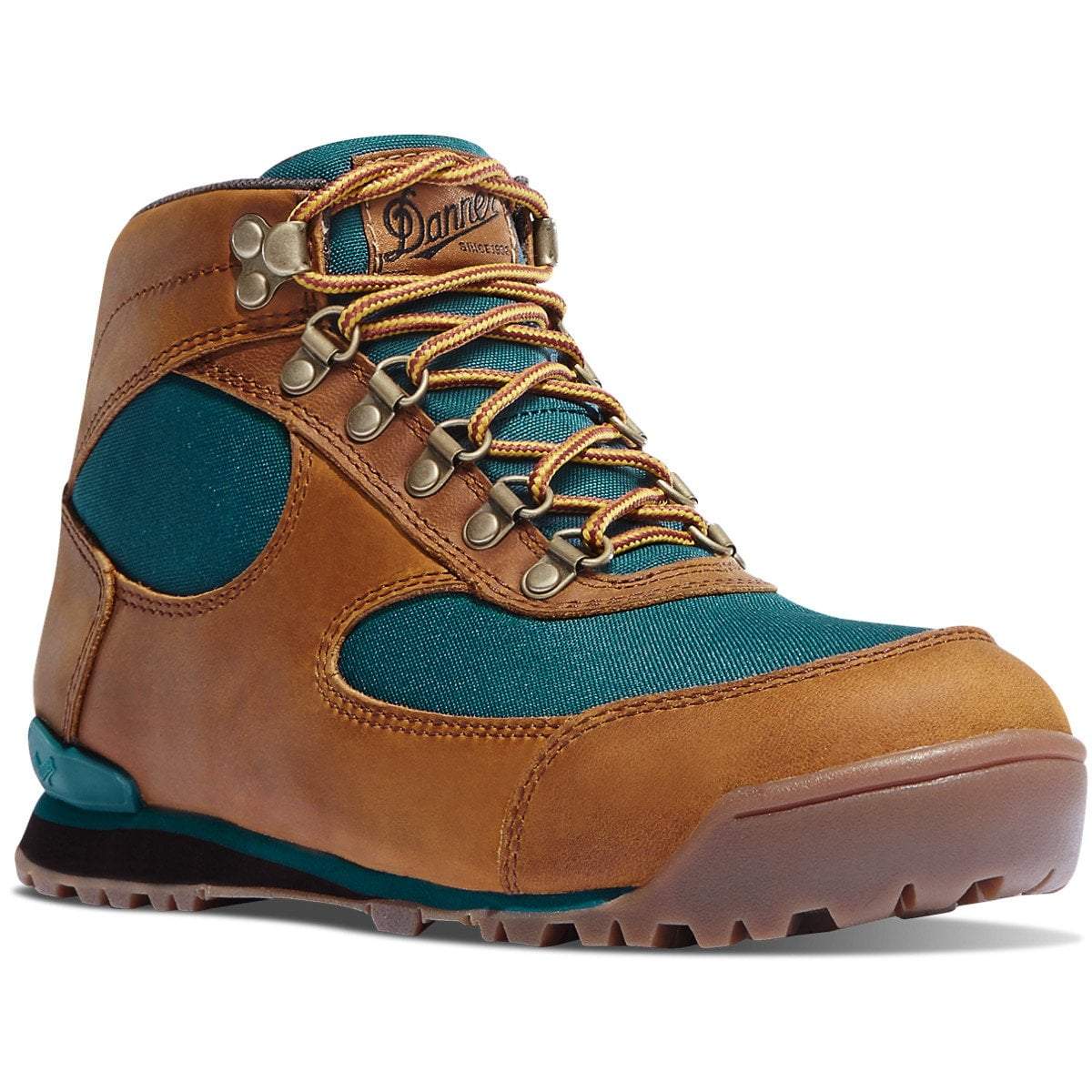 Danner Women's Jag 4.5" Waterproof Hiking Boot in Distressed Brown/Deep Teal from the side