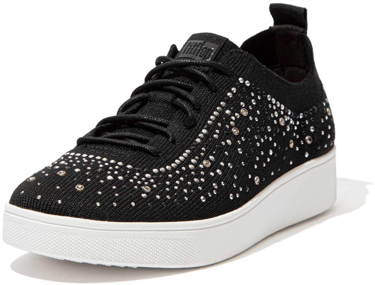 Women's FitFlop Rally Ombre Crystal Knit Sneaker in Black from the side view