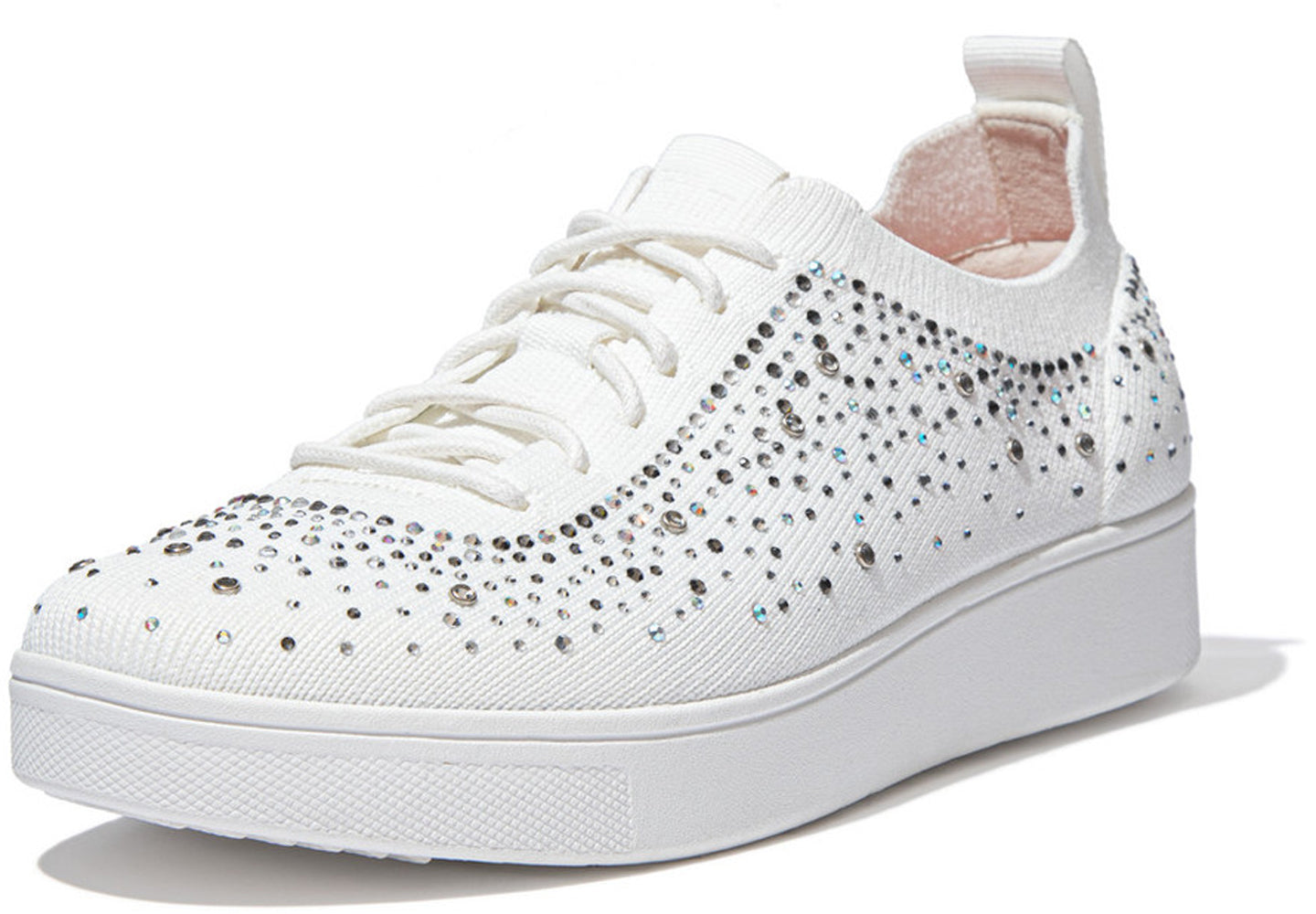 Women's FitFlop Rally Ombre Crystal Knit Sneaker in Urban White from the side view