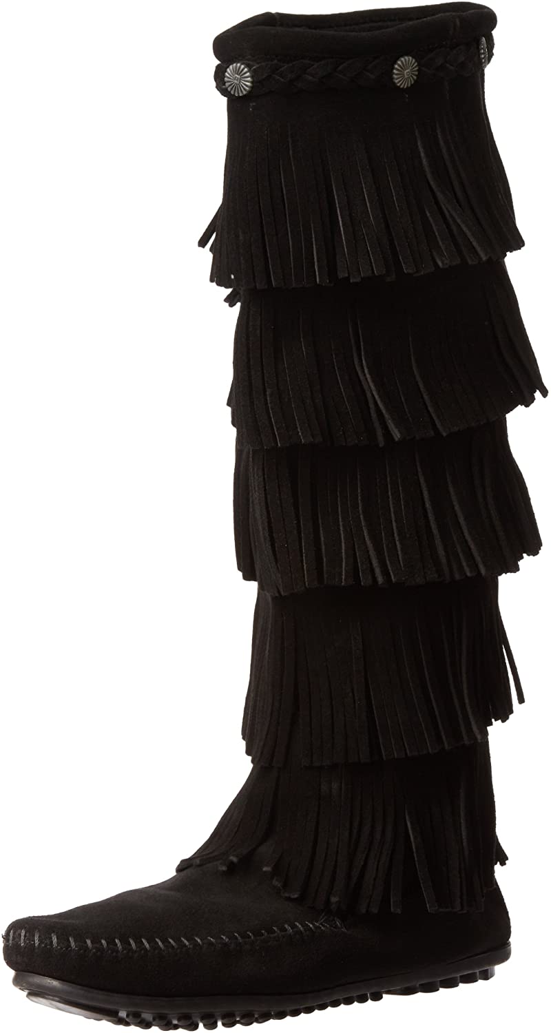 Women's Minnetonka 5 Layer Fringe Boot Black in Black                                                                                           