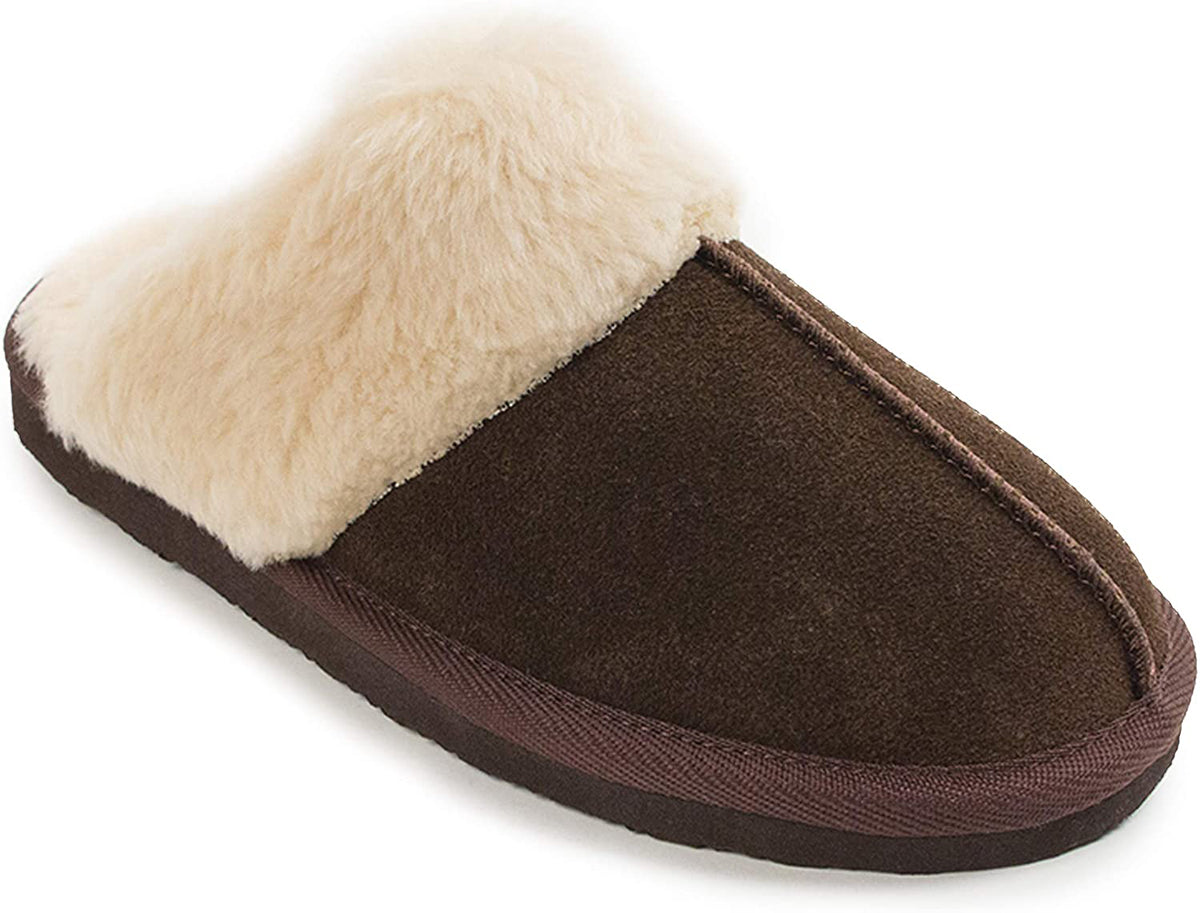Women's Minnetonka Chesney Scuff Slipper in Chocolate from the front view