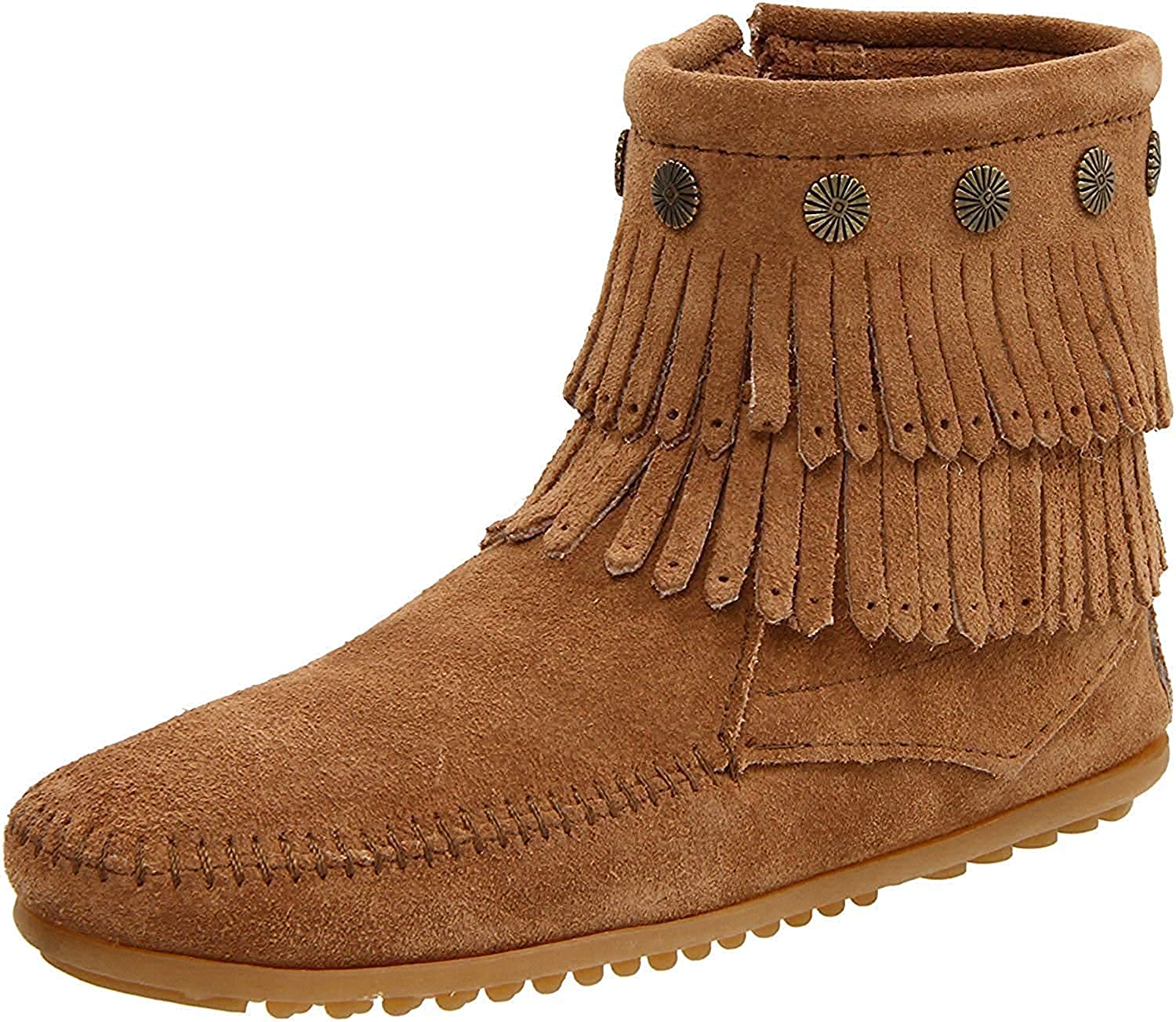 Women's Minnetonka Double Fringe Side Zip Taupe in Taupe