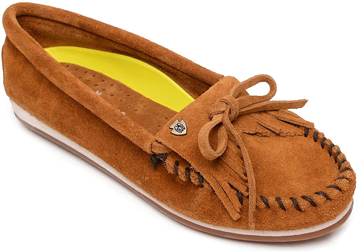 Women's Minnetonka Kilty Plus Moccasin in Brown from the side view