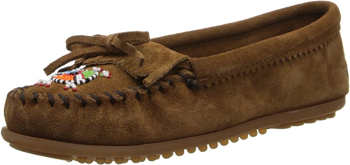 Women's Minnetonka Me to We Moccasin in Dusty Brown from the side view