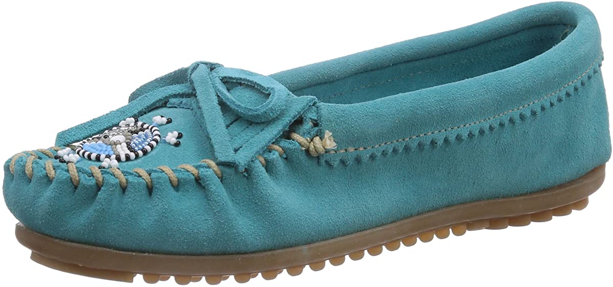 Women's Minnetonka Me to We Moccasin in Turquoise from the side view