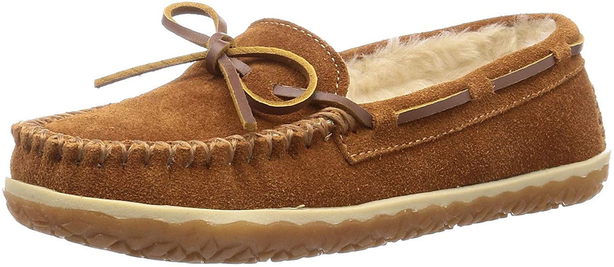 Women's Minnetonka Tilia Moccasin Slipper in Brown from the front view