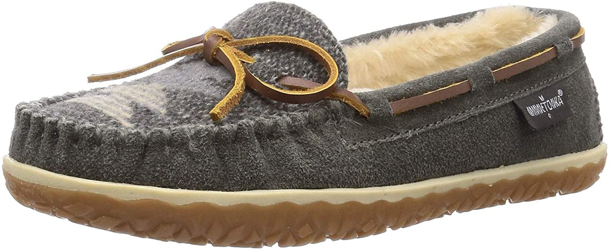 Women's Minnetonka Tilia Moccasin Slipper in Grey from the front view