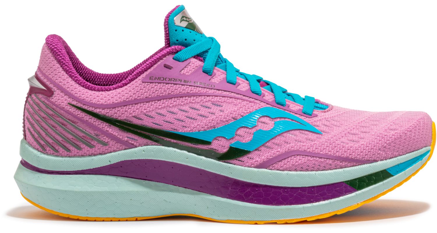Women's Saucony Endorphin Speed Running Shoe in Future/Pink from the side view