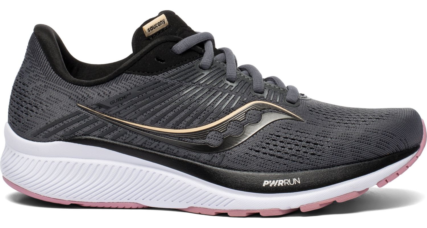 Women's Saucony Guide 14 Running Shoe in Charcoal/Rose from the side view