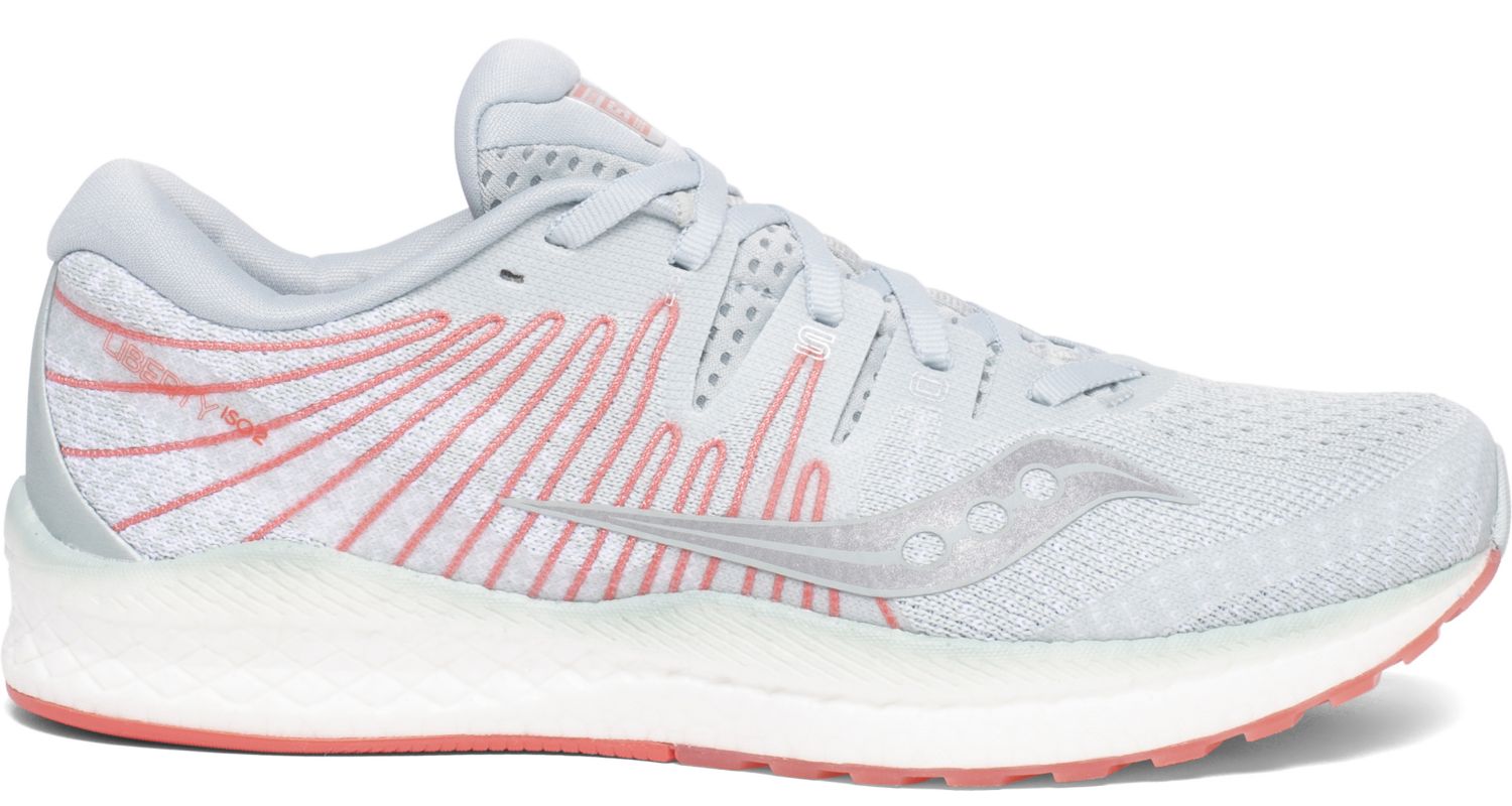Saucony Women's Liberty Iso 2 Running Shoe in Sky Grey/Coral from the side