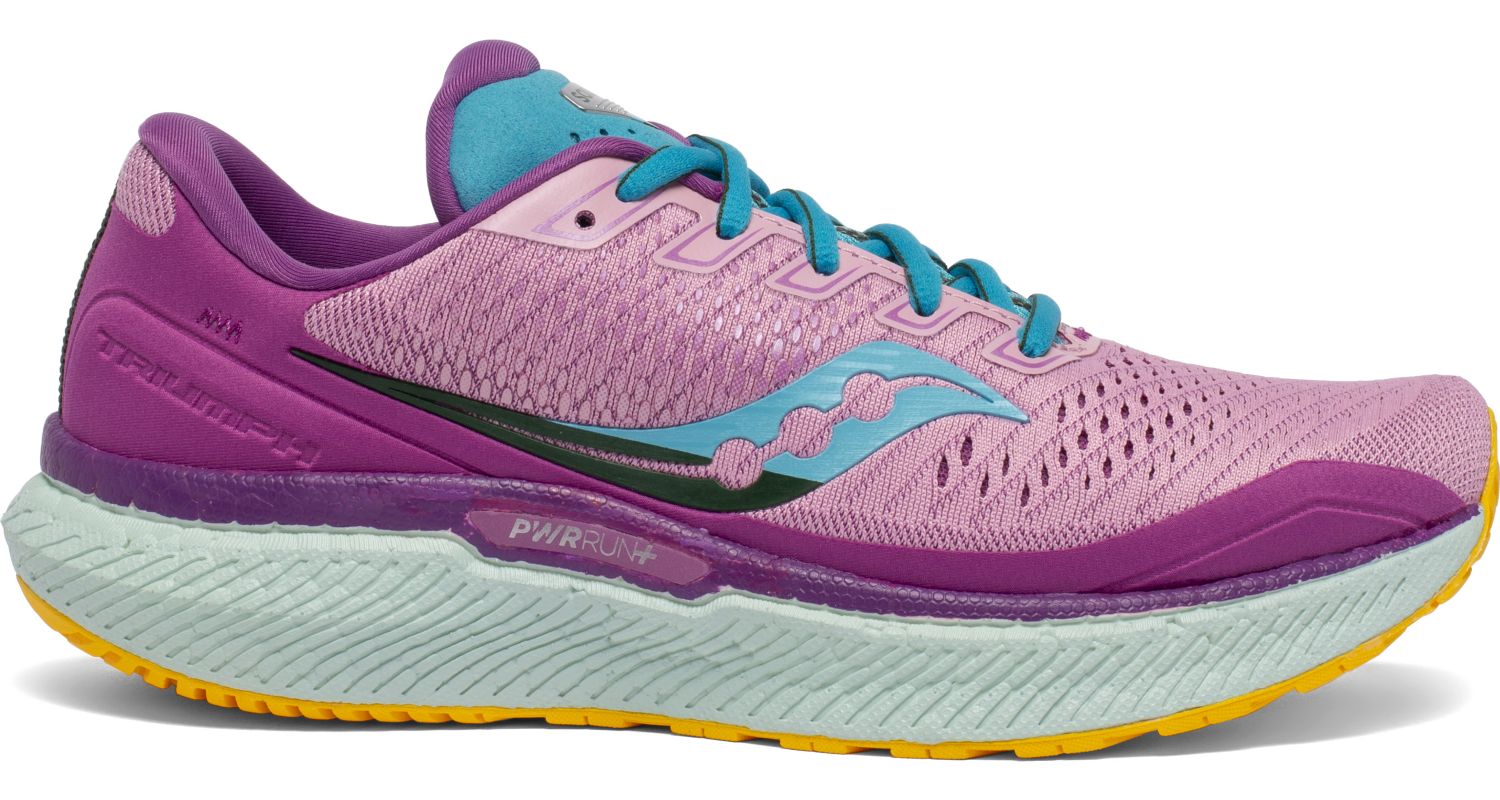 Women's Saucony Triumph 18 Running Shoe in Future/Pink from the side