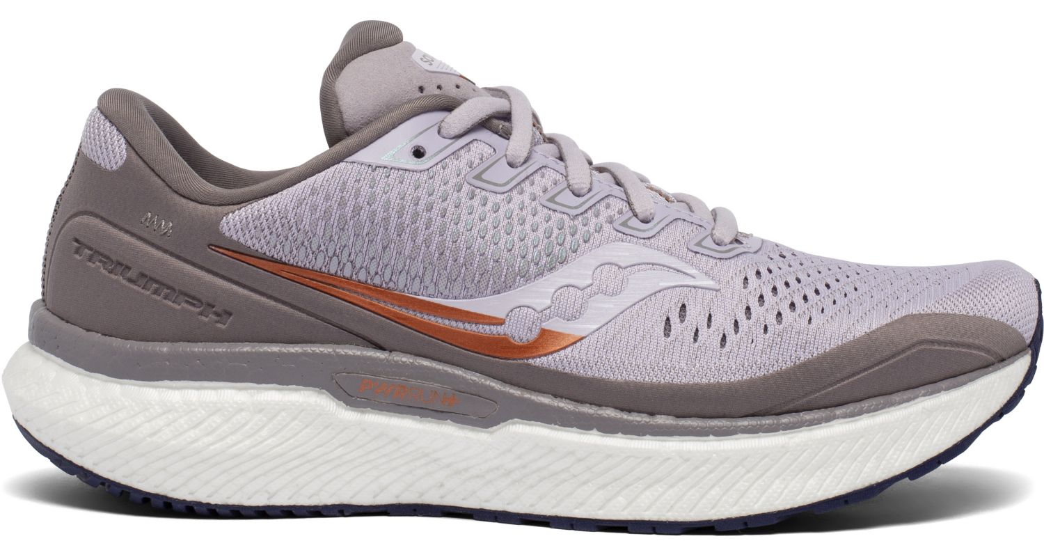 Women's Saucony Triumph 18 Running Shoe in Lilac/Copper from the side