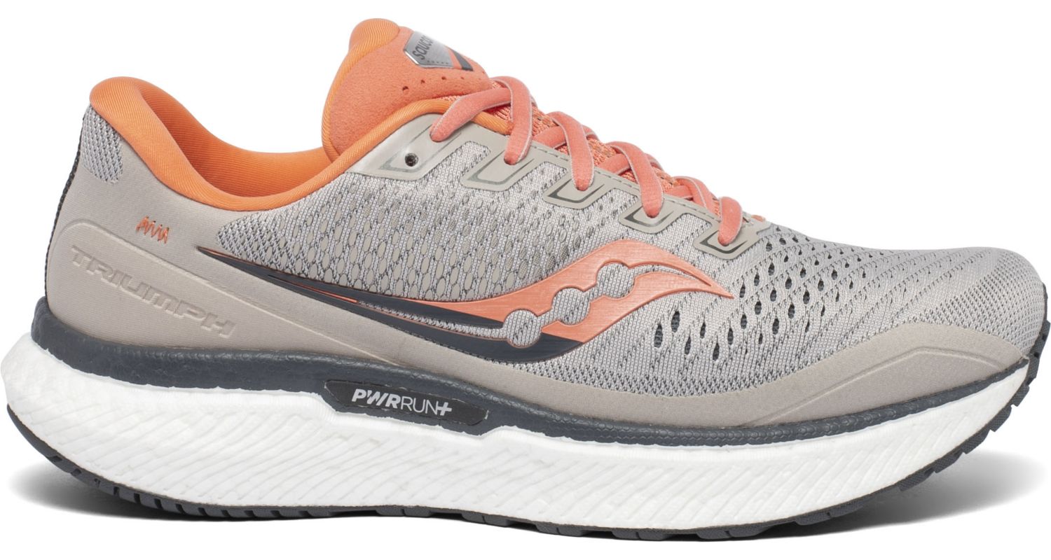 Saucony Women's Triumph 18 Running Shoe in Moonrock/Coral from the side