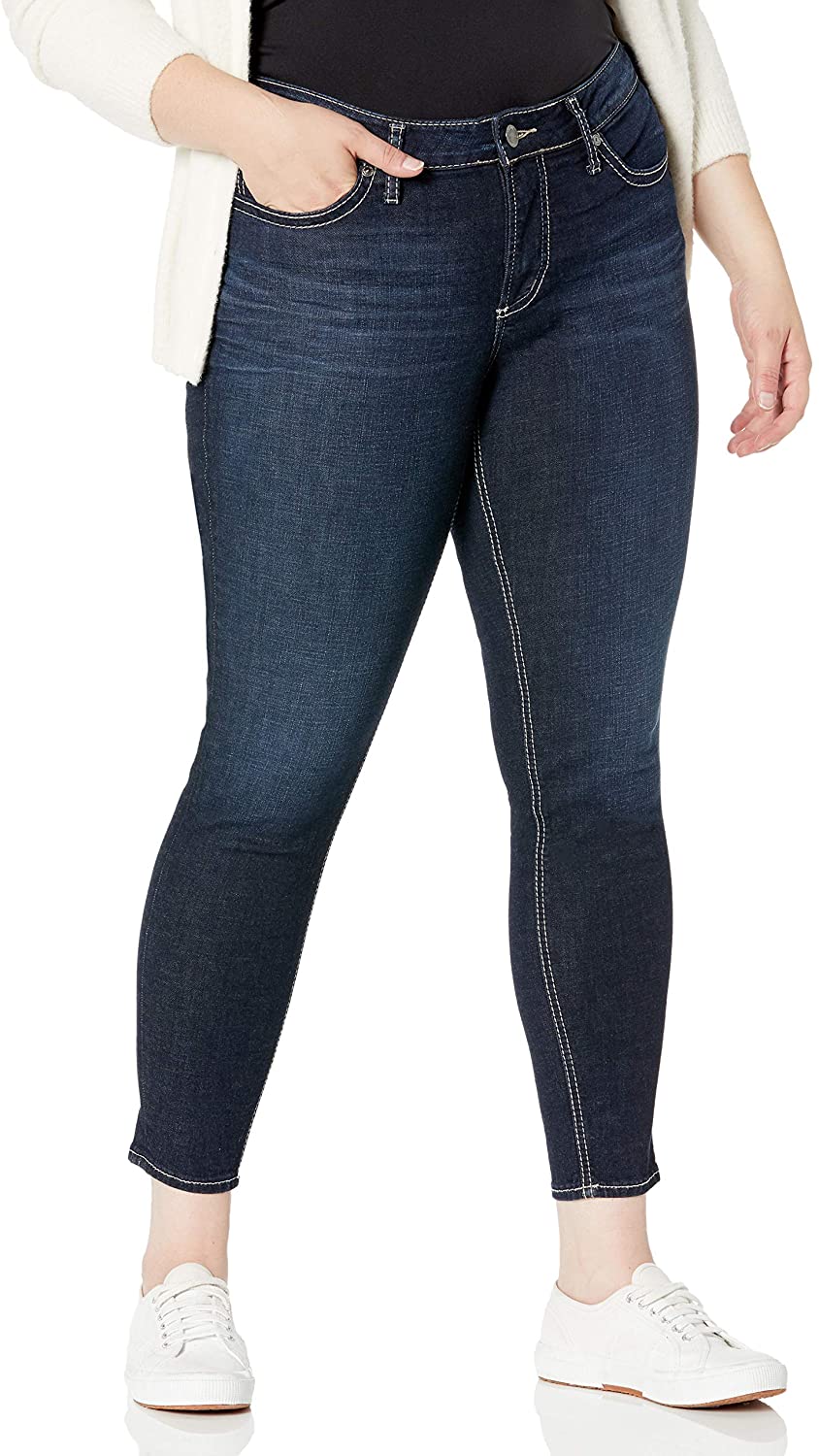Women's Silver Jeans Plus Size Suki Curvy Fit Mid Rise Skinny Jeans in Clean Dark Rinse from the front