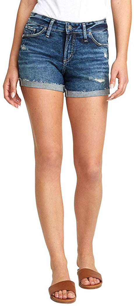 Women's Silver Jeans Suki Mid Rise Short in Distressed Dark Indigo from the front