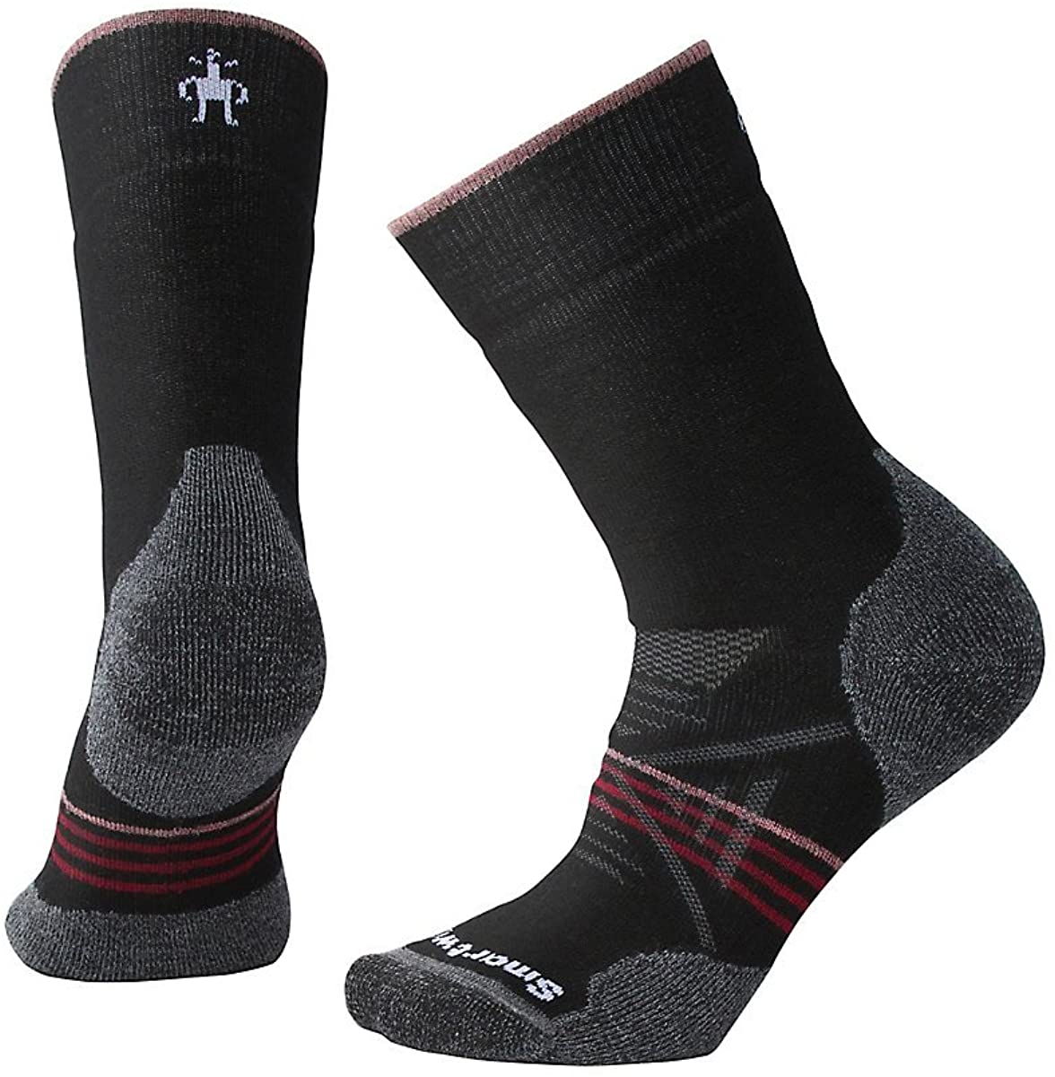 Women's Smartwool PhD Outdoor Medium Hiking Crew Socks in Black-Tibetan Red color from the side view