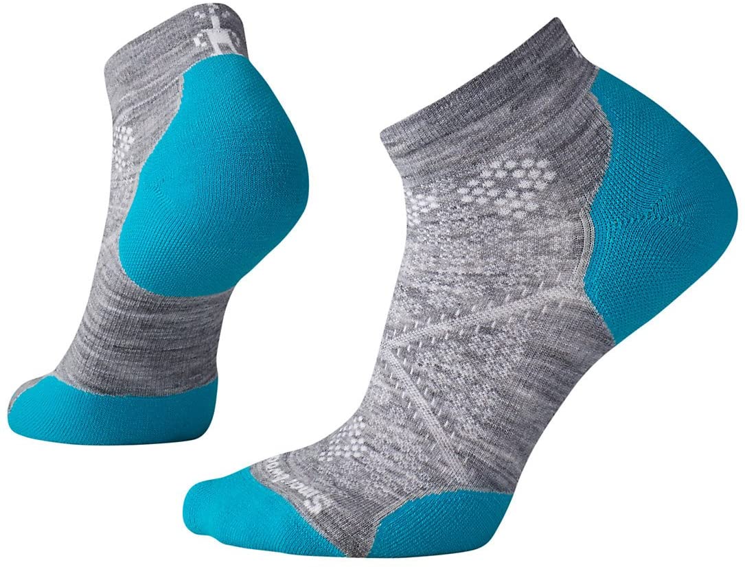 Women's Smartwool PhD Run Light Elite Low Cut Sock in Light Gray-Capri Blue from the side