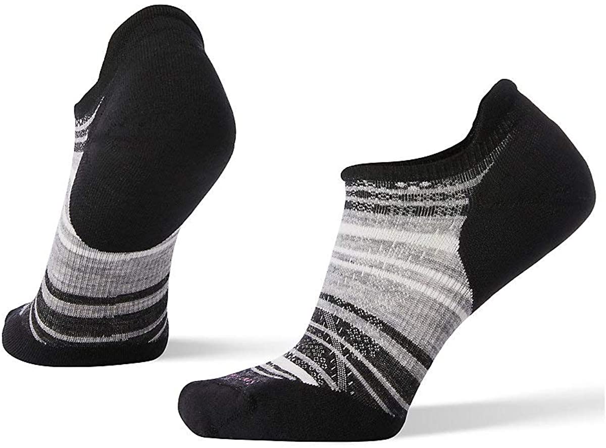 Women's Smartwool PhD Run Light Elite Striped Micro Socks in Black-Light Gray from the front view
