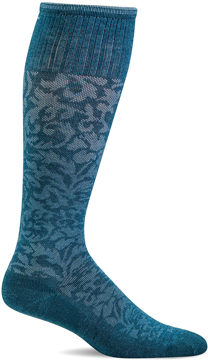 Sockwell Women's Damask Moderate Graduated Compression Sock in Teal Blue from the side