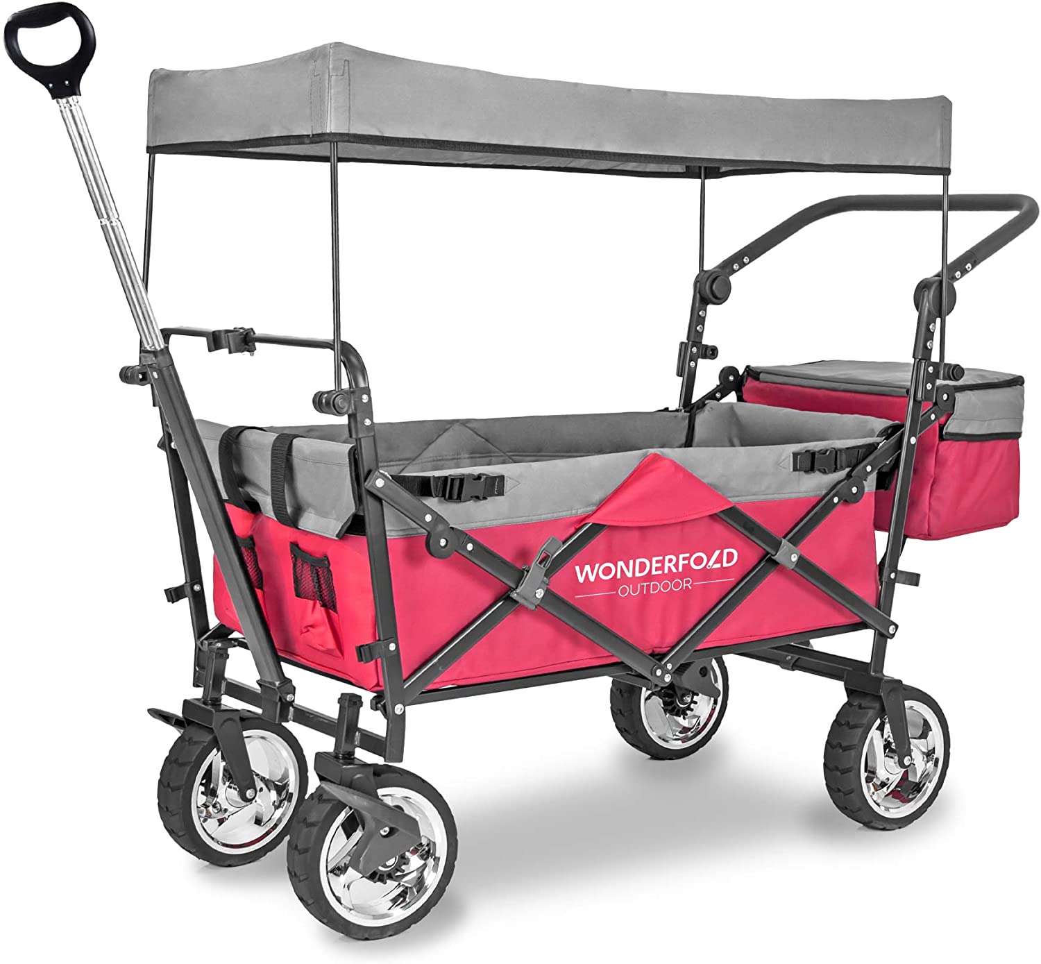 WonderFold Outdoor Push Pull Utility Folding Wagon in Red