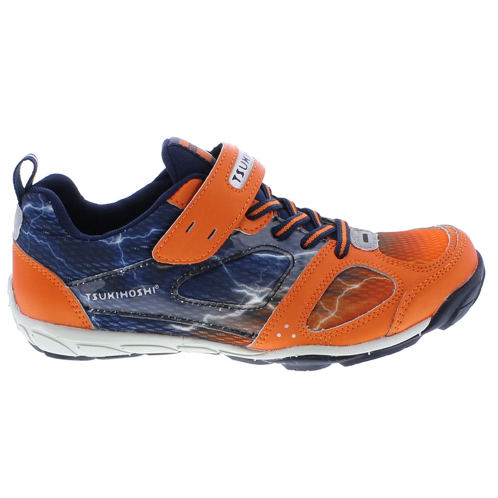Youth Tsukihoshi Mako Sneaker in Orange/Navy from the side view